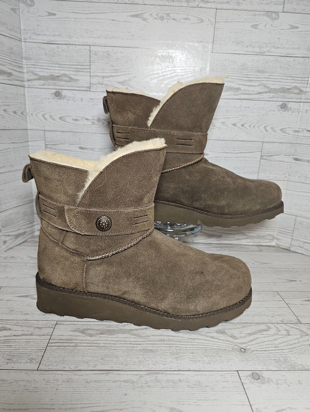 BEARPAW Women's Suede Shearling Lined Ankle Boots – Brown | Size 10